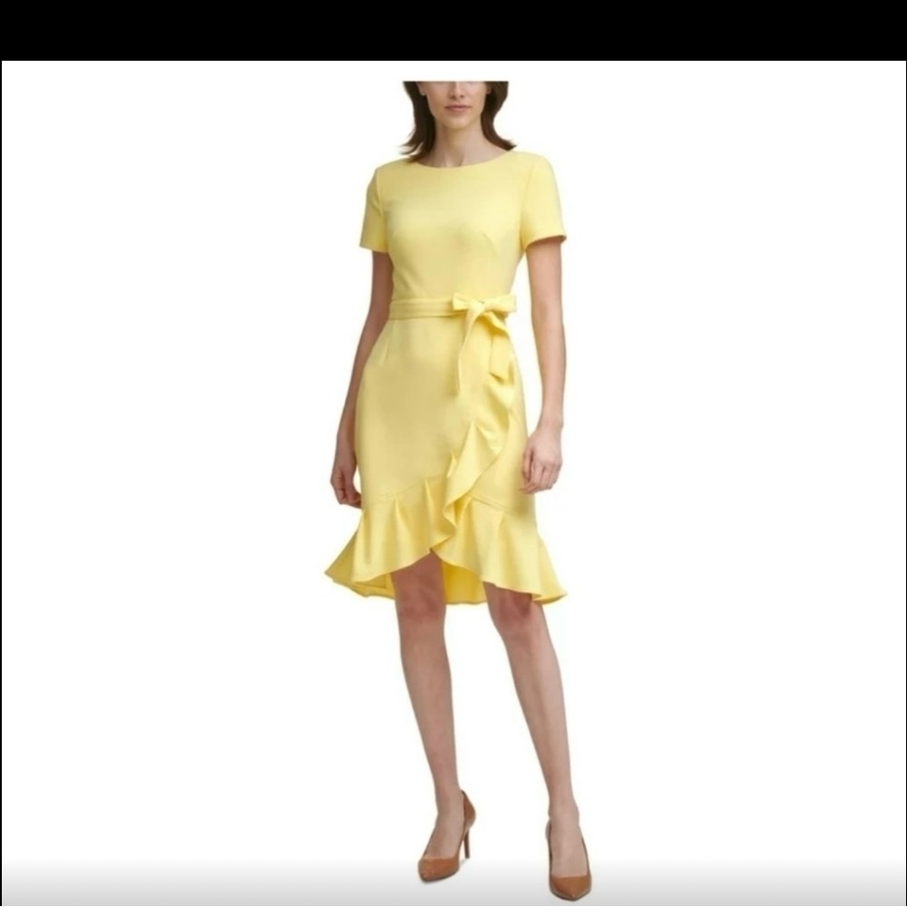 Calvin Klein Yellow Ruffled Tie Front Dress
